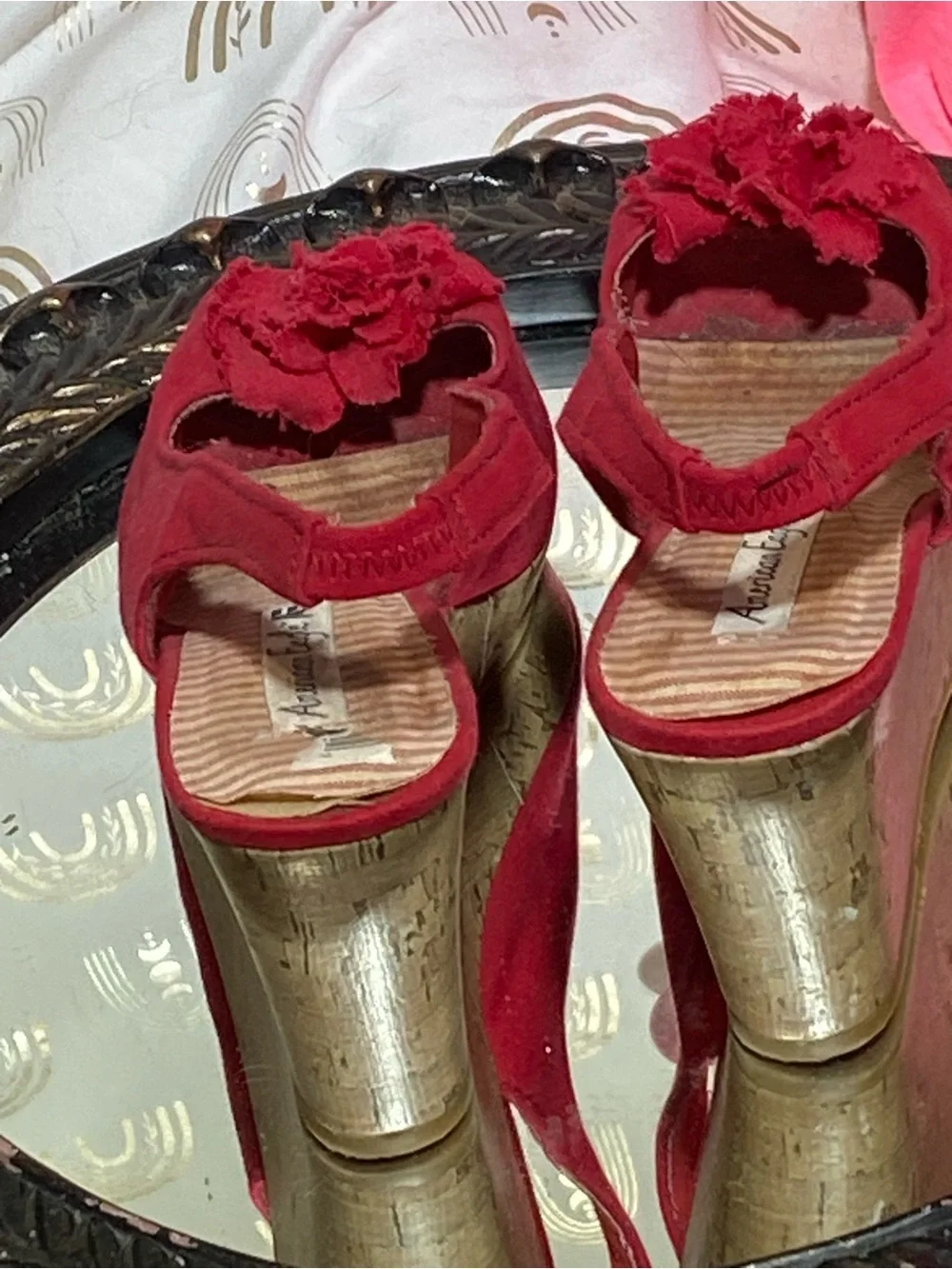 American Eagle Outfitters Red Slingback Wedge Sandals with Floral Accent
